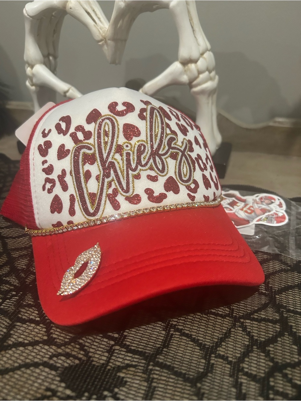 Chiefs Red & White Glitter Leopard Trucker Hat